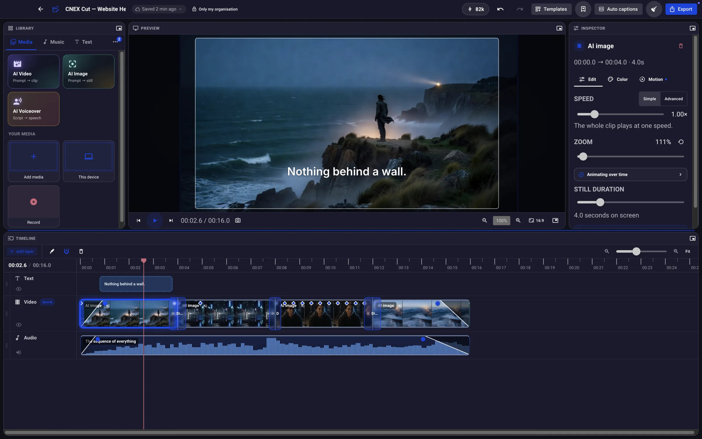 CNEX Cut editor with media library, coastal video preview, inspector and multitrack timeline